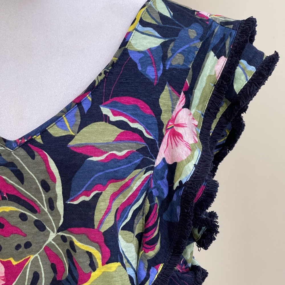 Chico's Tropical Floral Navy Pink Green V-Neck Ruffle Sleeve Blouse - Picture 5 of 15